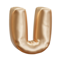 Gold letter alphabet balloon, gold balloon letter U. 3D rendering png