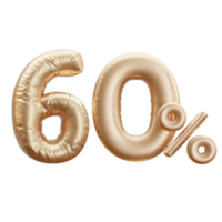 Discount Sale Promotion made of golden helium balloon 3d realistic figure. Illustration of golden balloon collection 60 percent off your unique sale poster, banner ad. png