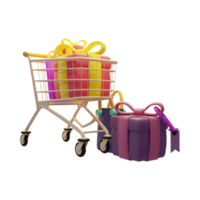 shopping cart , 3d Trolley with gift box illustration. 3d rendering png
