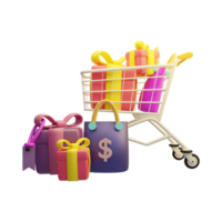 shopping cart , 3d Trolley with gift box illustration. 3d rendering png