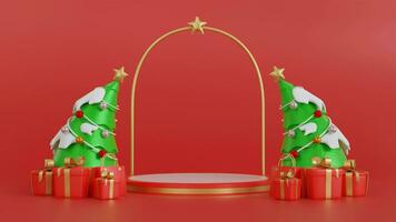 Christmas banner with product display. white empty podium with gift box, santa claus on red background. 3d rendering photo