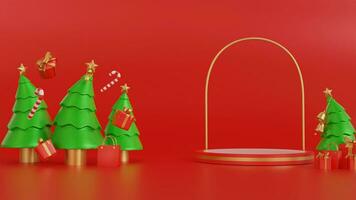 Christmas banner with product display. white empty podium with gift box, santa claus on red background. 3d rendering photo