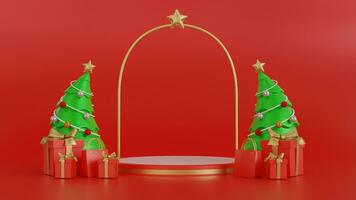 Christmas banner with product display. white empty podium with gift box, santa claus on red background. 3d rendering photo