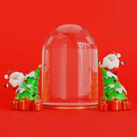 Christmas banner with product display. Red empty podium with gift box, santa claus. 3d rendering photo