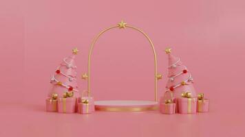 Christmas greeting card banner with product display. white empty podium with gift box, on pink background. 3d rendering photo