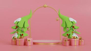 Christmas greeting card banner with product display. white empty podium with gift box, on pink background. 3d rendering photo