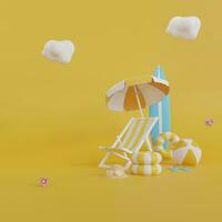 3d rendering of summer vacation concept with beach chair,umbrella and summer elements isolated on yellow background,minimal style.copy space . photo