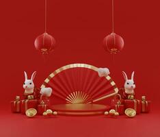 happy chinese new year, empty podium with gift box and decoration curtain , lantern, concept for year of the rabbit,lunar, bunny, stage chinese new year on red background. 3d rendering photo