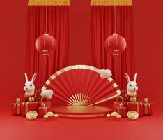 happy chinese new year, empty podium with gift box and decoration curtain , lantern, concept for year of the rabbit,lunar, bunny, stage chinese new year on red background. 3d rendering photo