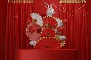 happy chinese new year, empty podium with gift box and decoration curtain , lantern, concept for year of the rabbit,lunar, bunny, stage chinese new year on red background. 3d rendering photo