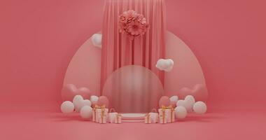 empty podium display with curtain, gift box, rose, balloon, concept for valentines day, wedding, mother day, womens day, greeting background on pink background. 3d rendering photo