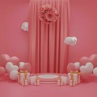 empty podium display with curtain, gift box, rose, balloon, concept for valentines day, wedding, mother day, womens day, greeting background on pink background. 3d rendering photo