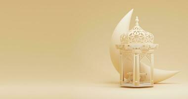 3D Ramadan lantern, Iftar, Eid crescent moon, cannonballs, text space in brown background. 3d rendering photo