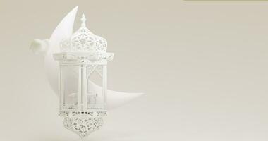 3D Ramadan lantern, Iftar, Eid crescent moon, cannonballs, text space in white soft background. 3d rendering photo