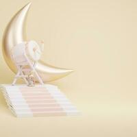 Islamic ramadan greeting card background with 3d traditional drum, star, arabian hanging lanterns. 3d rendering photo