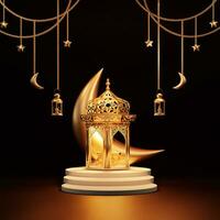 Islamic ramadan greeting card background with 3d traditional drum, star, arabian hanging lanterns. 3d rendering photo