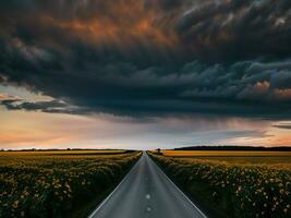 Road through sunflowers field at sunset with dramatic cloudy sky. Generative AI photo