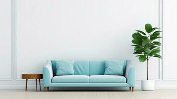 Living room with a blue sofa, plant, and table, generated by AI photo