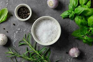 Selection of spices herbs and greens. Ingredients for cooking, food background on dark gray background. Top view. photo