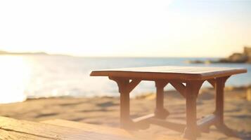 Empty wooden table for product display on ocean beach blurred background. photo