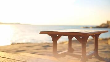 Empty wooden table for product display on ocean beach blurred background. Ai generative photo