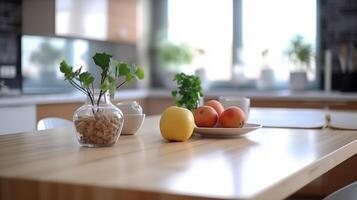 Fruits in plate on table on background of blurred contemporary kitchen. Ai generative photo