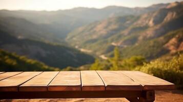 Empty wooden table for product display with blurred mountains background. Ai generative photo