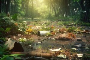 Forest pollution with garbage, environmental, ecological disaster. Ecological theme save planet. photo