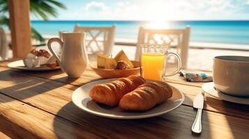 Breakfast at dawn on sea beach blurred background. Ai generative photo