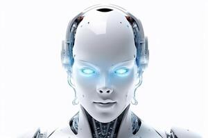Portrait of beautiful cyber robot woman with neon glowing eyes. photo