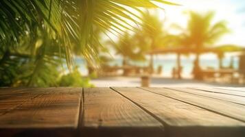 Empty wooden table for product display on sea beach blurred background. photo