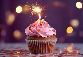 Birthday cupcake with a candle, pink cream and festive tinsel decoration on bright background with copy space. Generated AI. photo