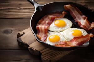 Traditional english breakfast with fried eggs and bacon in cast iron pan on dark wooden background. Top view. AI generated. photo