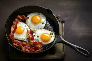 Traditional english breakfast with fried eggs and bacon in cast iron pan on dark background. Top view. AI generated. photo