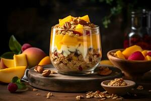 Yogurt granola parfait with sliced nuts, fresh mango fruits in a glass jar on dark background. Generative AI. photo