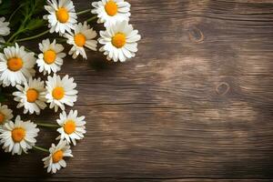 Daisy flowers on wooden background, summer chamomile flat lay. Valentine's, womens, mothers day, birthday or wedding concept. Top view. Copy space. Generated AI. photo