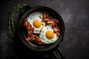 Traditional english breakfast with fried eggs and bacon in cast iron pan on dark background. Top view. AI generated. photo