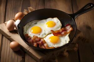 Traditional english breakfast with fried eggs and bacon in cast iron pan on dark wooden background. Top view. . photo
