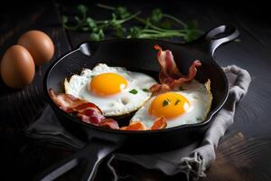 Traditional english breakfast with fried eggs and bacon in cast iron pan on dark wooden background. Top view. . photo