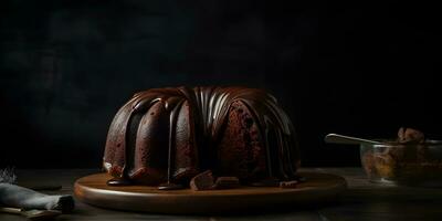 Delicious chocolate bundt cake topped dessert with ganache glaze on dark background, banner with copy space. Ai generated. photo