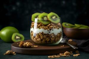 Yogurt granola parfait with sliced nuts and fresh kiwi fruits in a glass jar on dark background. Generative AI. photo