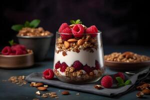 Yogurt granola parfait with sliced nuts and fresh raspberry in a glass jar on dark background. Generative AI. photo