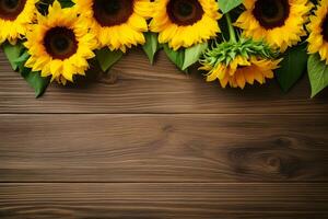 Sunflowers on wooden background. Valentine's, womens, mothers day, birthday or wedding, summer flowers flat lay. Top view. Copy space. Generated AI. photo