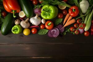 Food background with assortment of fresh organic vegetables on dark wooden background with copy space. Top view. AI generated. photo