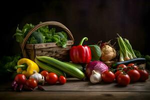 comida antecedentes con surtido de Fresco orgánico vegetales en oscuro de madera antecedentes. ai generado. foto