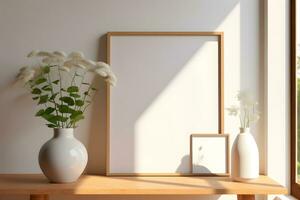 Frame poster mockup, scandinavian style interior with summer flowers in a vase and home decoration on empty neutral white wall background. Generated AI. photo