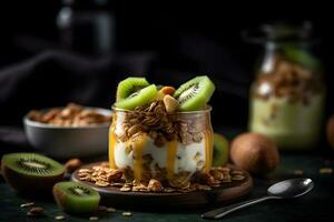 Yogurt granola parfait with sliced nuts and fresh kiwi fruits in a glass jar on dark background. Generative AI. photo