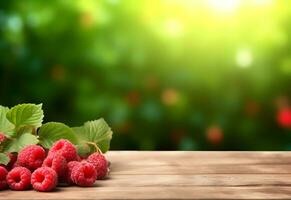 Wooden table with raspberries and free space on nature blurred background. Generated AI. photo