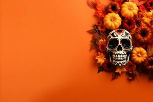 Happy halloween flat lay mockup with pumpkins, leaves and skull on orange background. Autumn holiday concept composition. Top view with copy space. Generated AI. photo