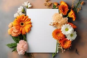 Blank greeting card mockup on concrete background with garden flowers. Summer flat lay composition. Top view with copy space. . photo